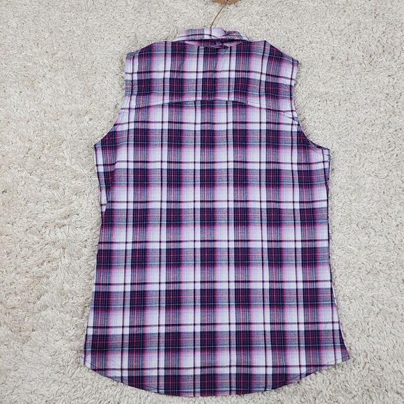 Dakini Plaid Boyfriend Shirt Womens Small Purple Stretch Hidden Pocket Vented - Picture 5 of 9